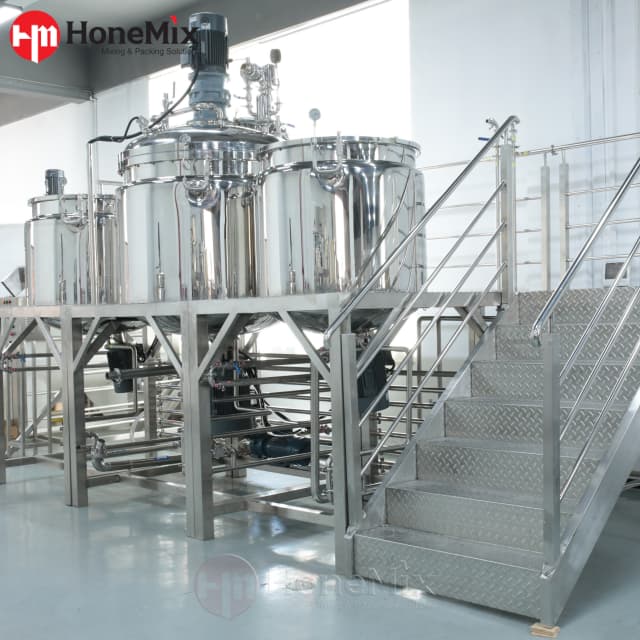 1000L HVE-F fixed vacuum emulsifying mixer with operating platform and phase tanks