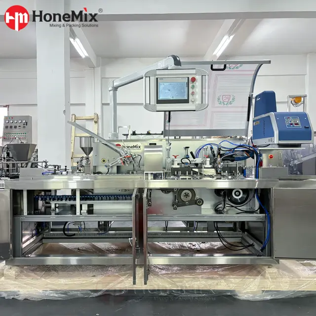 Side view of HY-ZHJ-120 horizontal cartoning machine for carton packaging