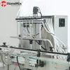 Automatic liquid filling line with straight conveyor and adjustable bottle positioning system