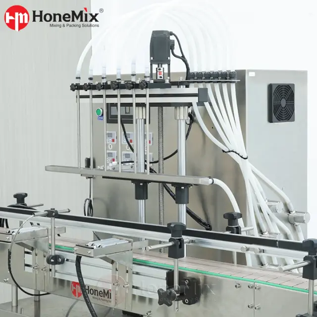 Automatic liquid filling line with straight conveyor and adjustable bottle positioning system