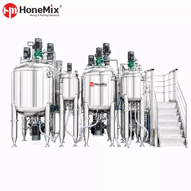 Mezclador emulsionante al vac&iacute;o de tipo fijo personalizado HCM-CF con tanques de mezcla de acero inoxidable