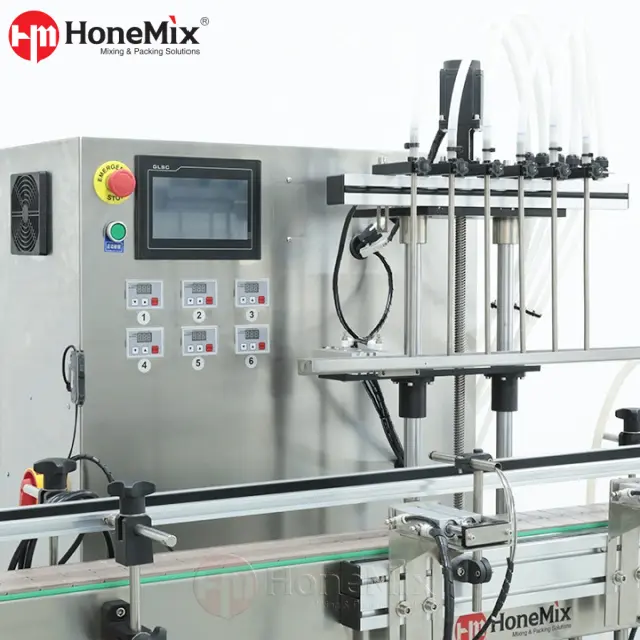 Four-head gear pump liquid filling machine with HMI control and stainless steel filling nozzles