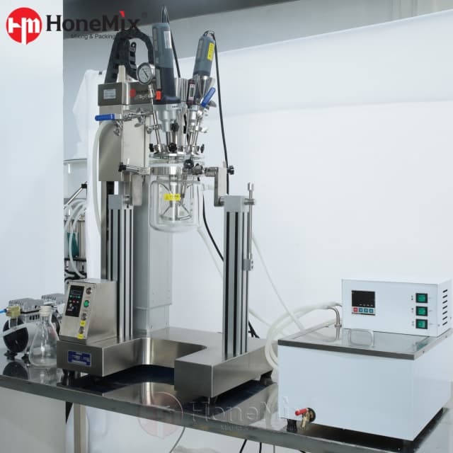 HVE-LG 2L Glass Lab Vacuum Emulsifying Mixer with transparent glass reactor